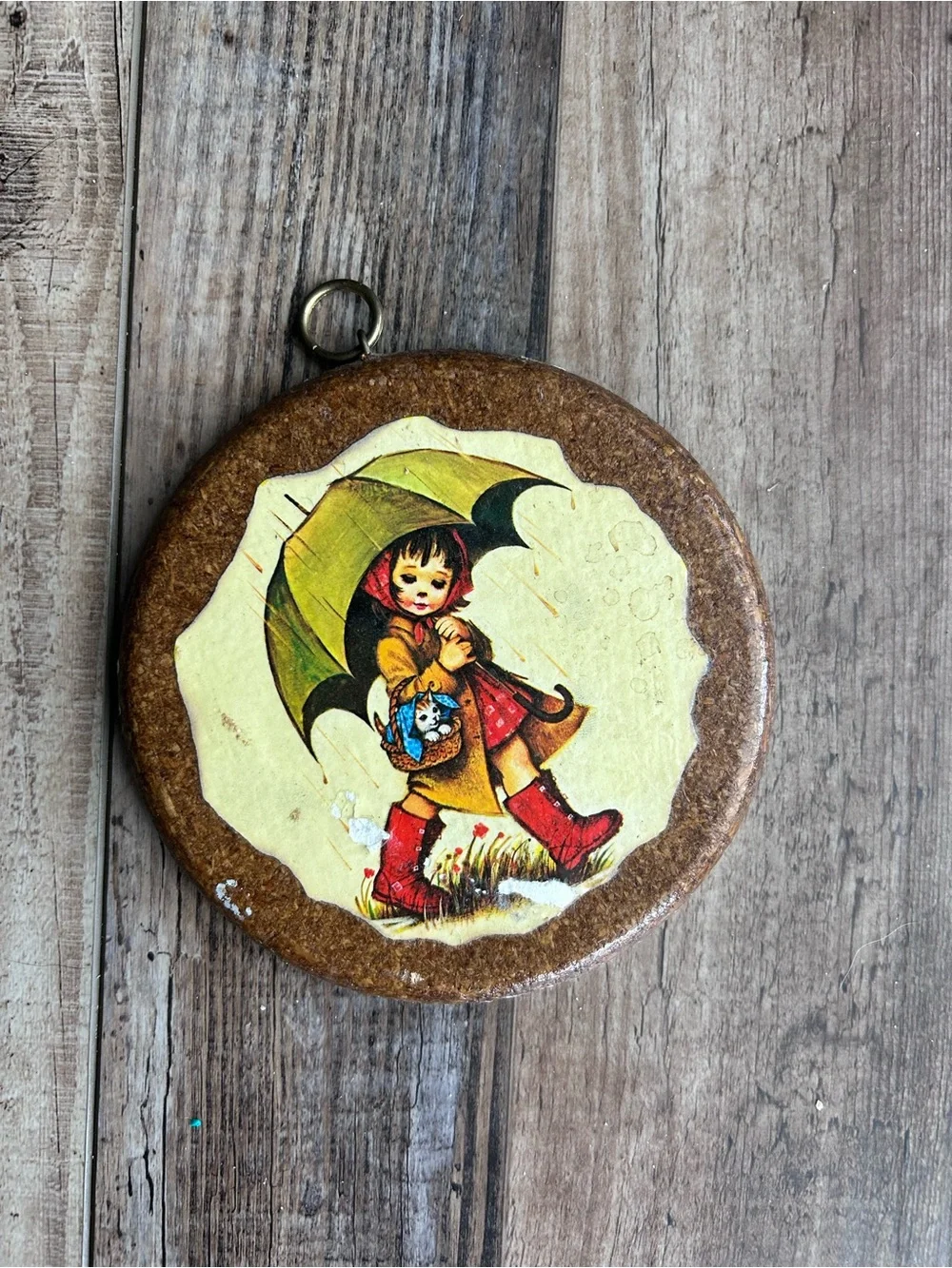 Vintage 1970s Stapco Wood Wall Plaque Little Girl Umbrella Kitten Kitsch Decor